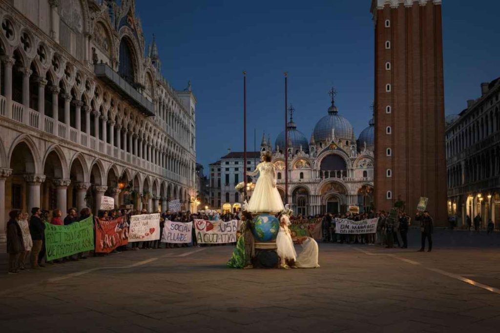 Attivisti in piazza San Marco: il finto matrimonio contro Jeff Bezos e l'intervento della polizia a Venezia