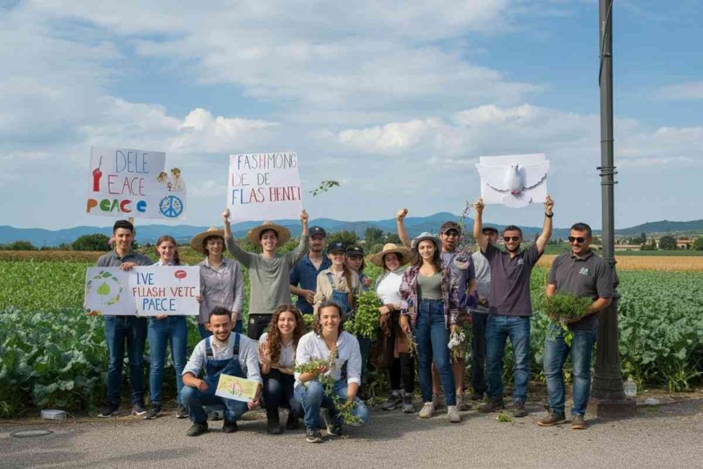 Giovani di Coldiretti in un flashmob per la pace al Villaggio di Udine con il segretario Gesmundo