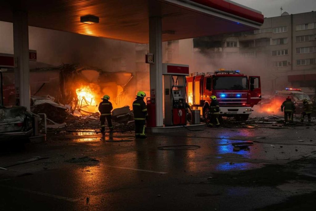 Esplosione al distributore: vigile del fuoco e operatori del 118 feriti nel caos