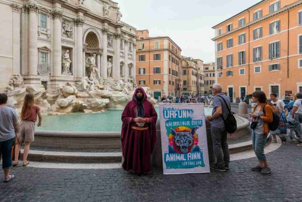 Frate si tuffa nella Fontana di Trevi per difendere gli animali: il video sorprendente