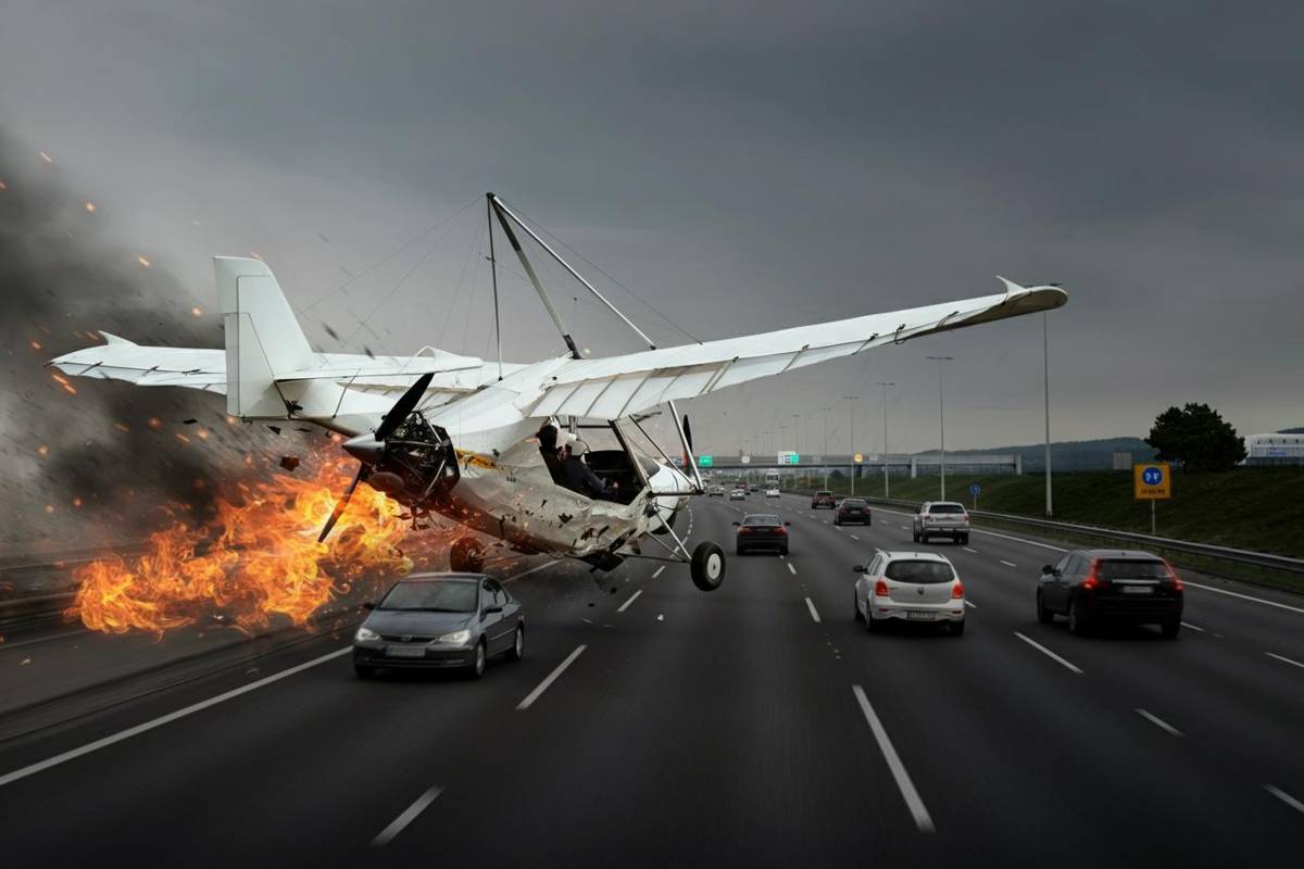 Un ultraleggero in picchiata: il drammatico atterraggio tra le fiamme sulla tangenziale bresciana